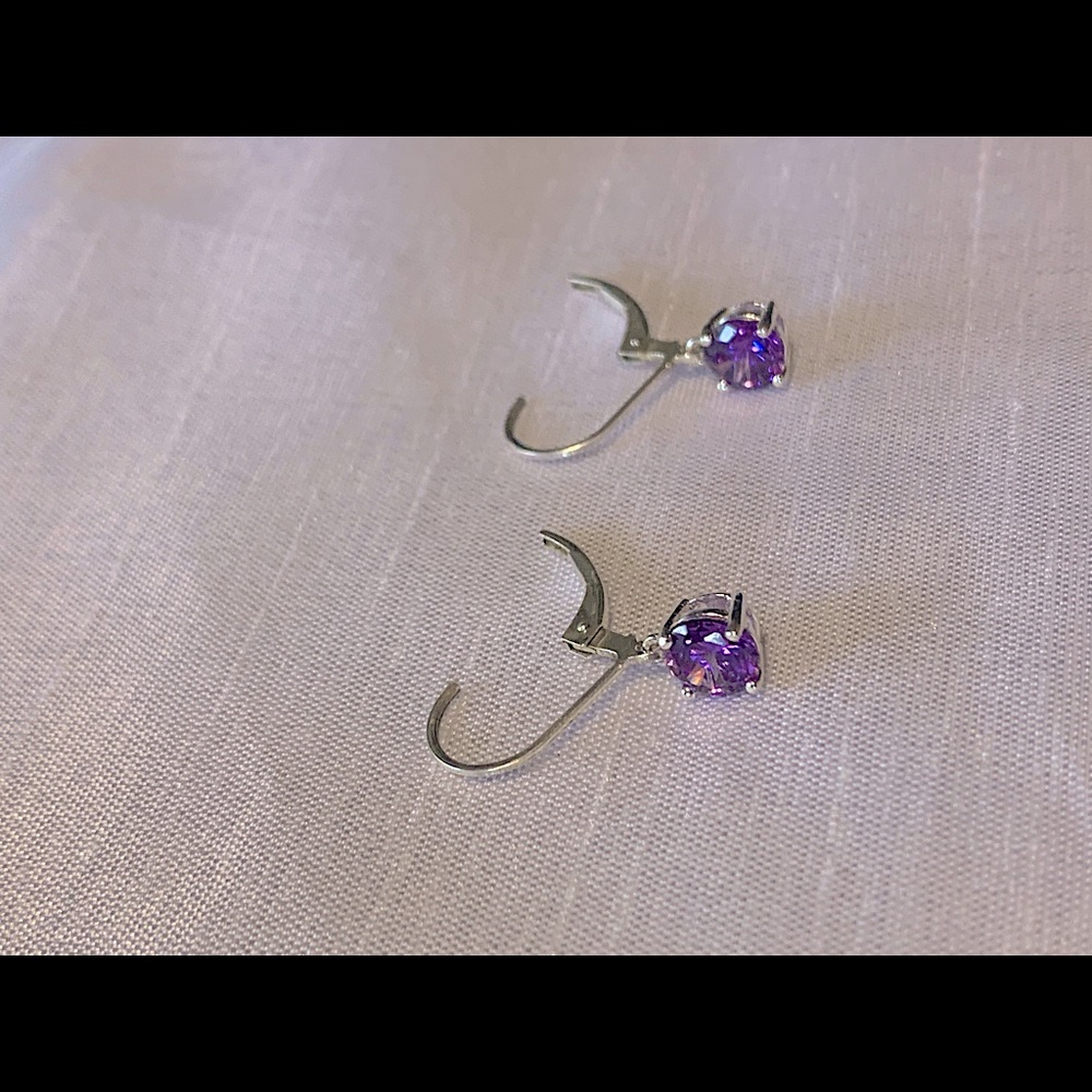 Amethyst Purple Circle Round Stone Drop Earrings - Picture 6 of 7